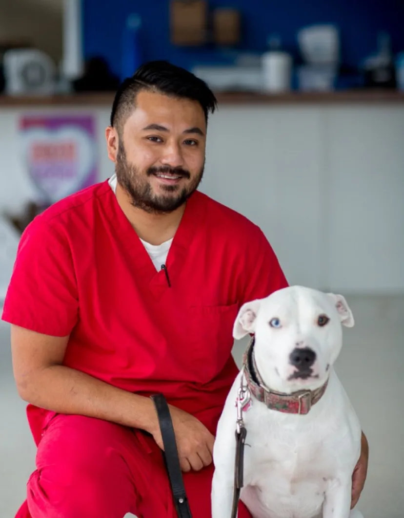 Arnold in red scrubs with a white dog from Tacoma Animal Hospital